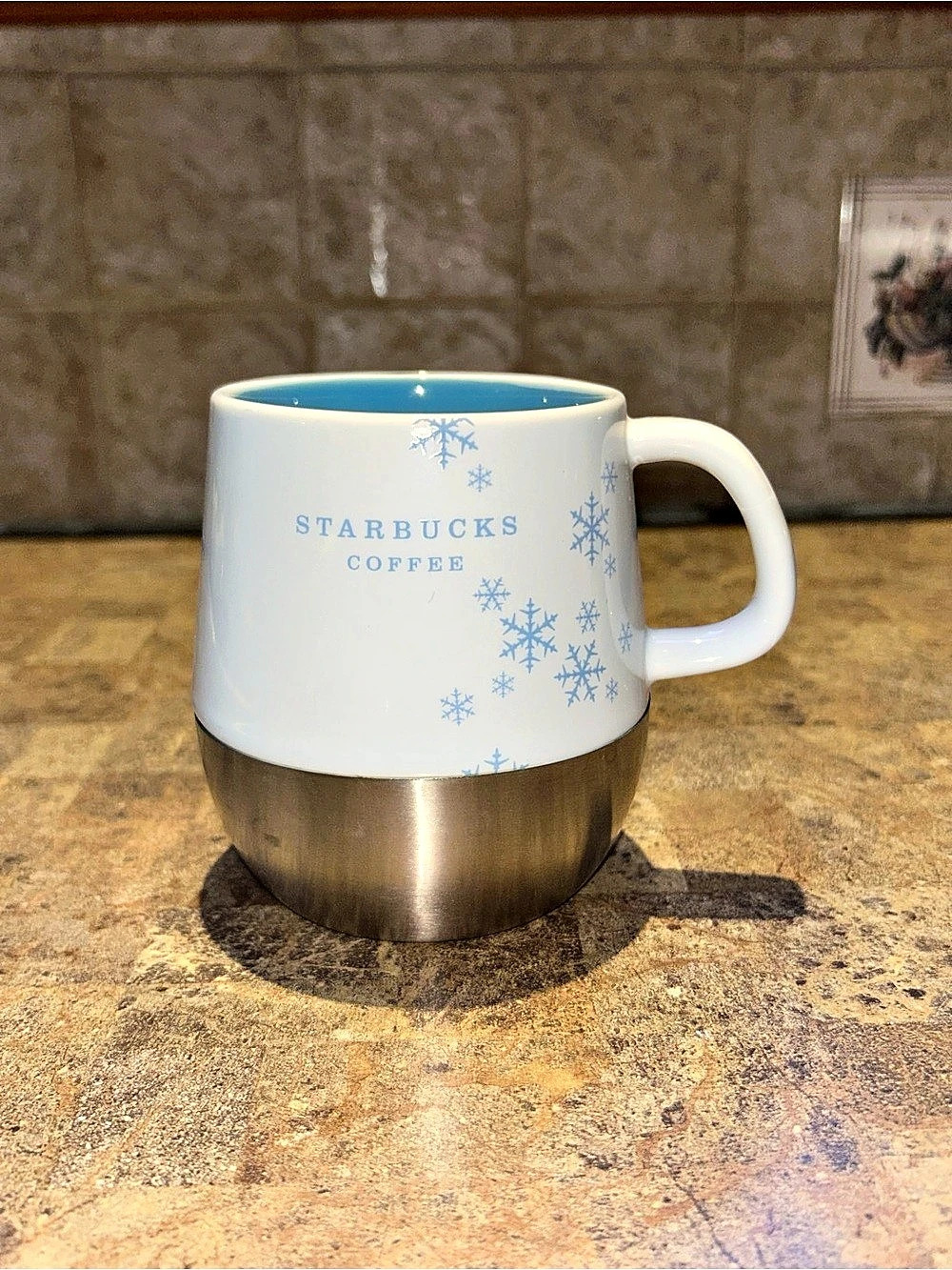 Starbucks Holiday 2007 Snowflake Stainless Steel Bottom Mug White & Blue